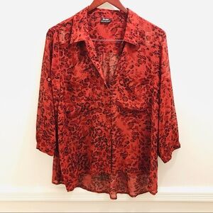 Bardot Semi Sheer Animal Print Top large blouse button down red black leopard